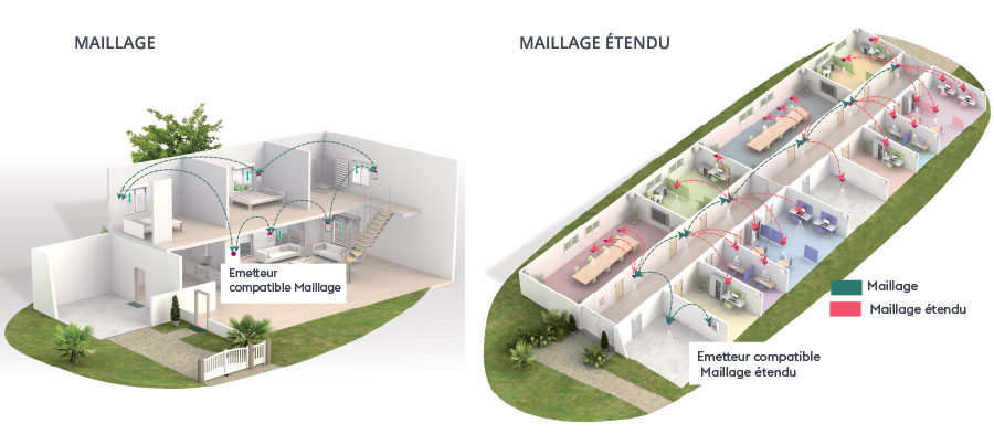 Schéma d'explication du réseau maillé. Maillage simple et maillage étendu.